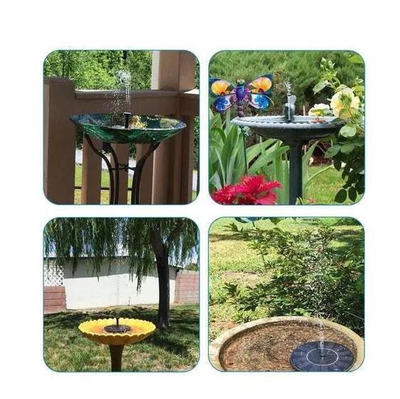 Black solar-powered floating fountain pump with four spray nozzles on a solar panel base