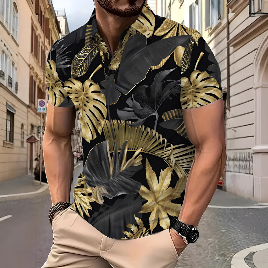 Men's gold tropical plant pattern printed short sleeve shirt in polyester fabric