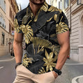 Men's gold tropical plant pattern printed short sleeve shirt in polyester fabric