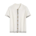 White short sleeve cardigan with dark contrast lapels, showing front view.