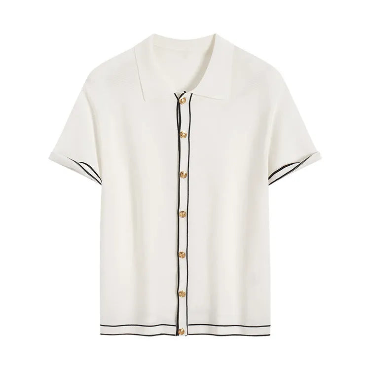White short sleeve cardigan with dark contrast lapels, showing front view.