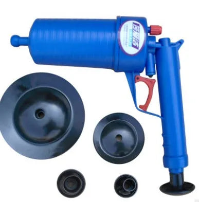 Plastic high-pressure drain blaster gun with four coloured suction cup adaptors for unblocking pipes.