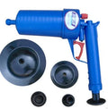 Plastic high-pressure drain blaster gun with four coloured suction cup adaptors for unblocking pipes.