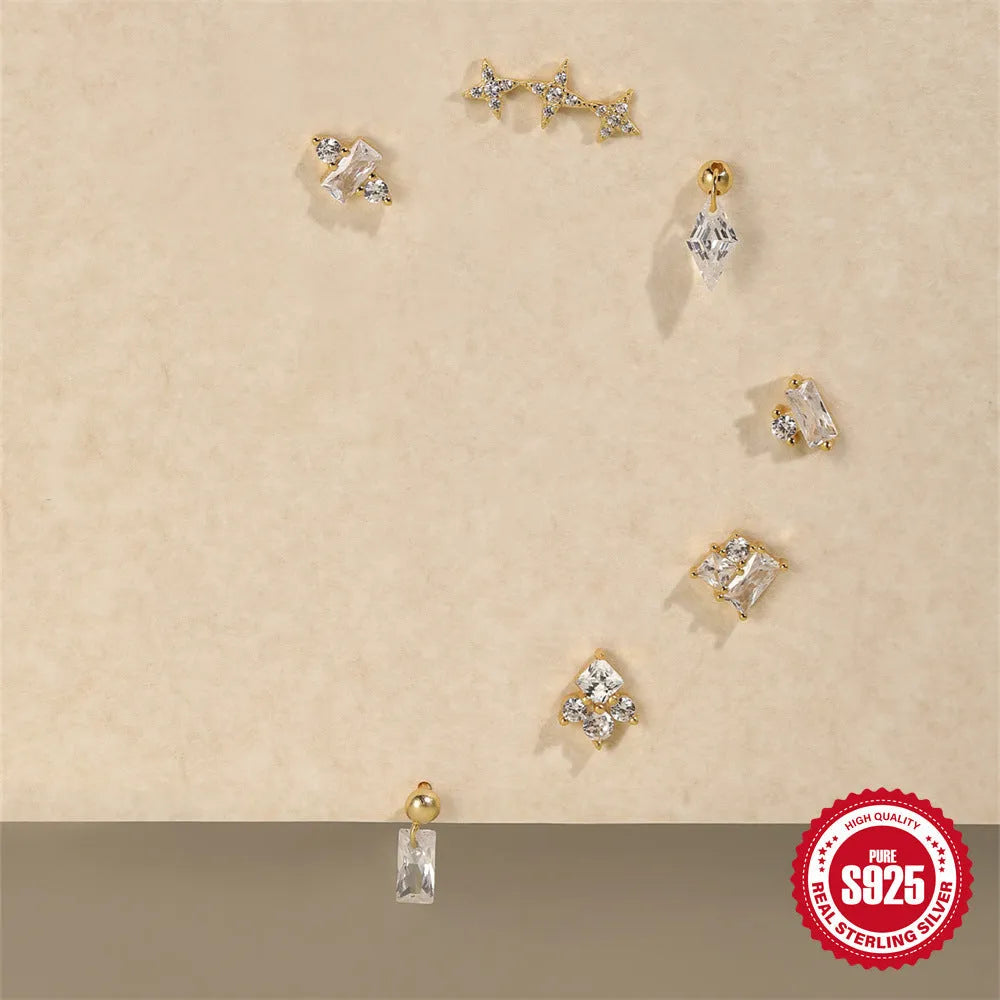 S925 sterling silver stud earrings with square red gravel flower design in electroplated gold colour
