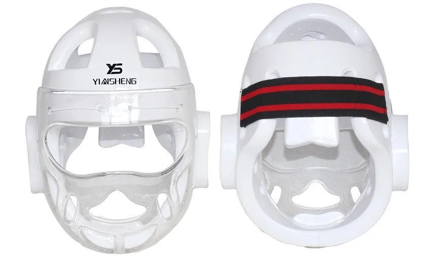 Karate helmet protective equipment in blue colour with adjustable straps and protective padding