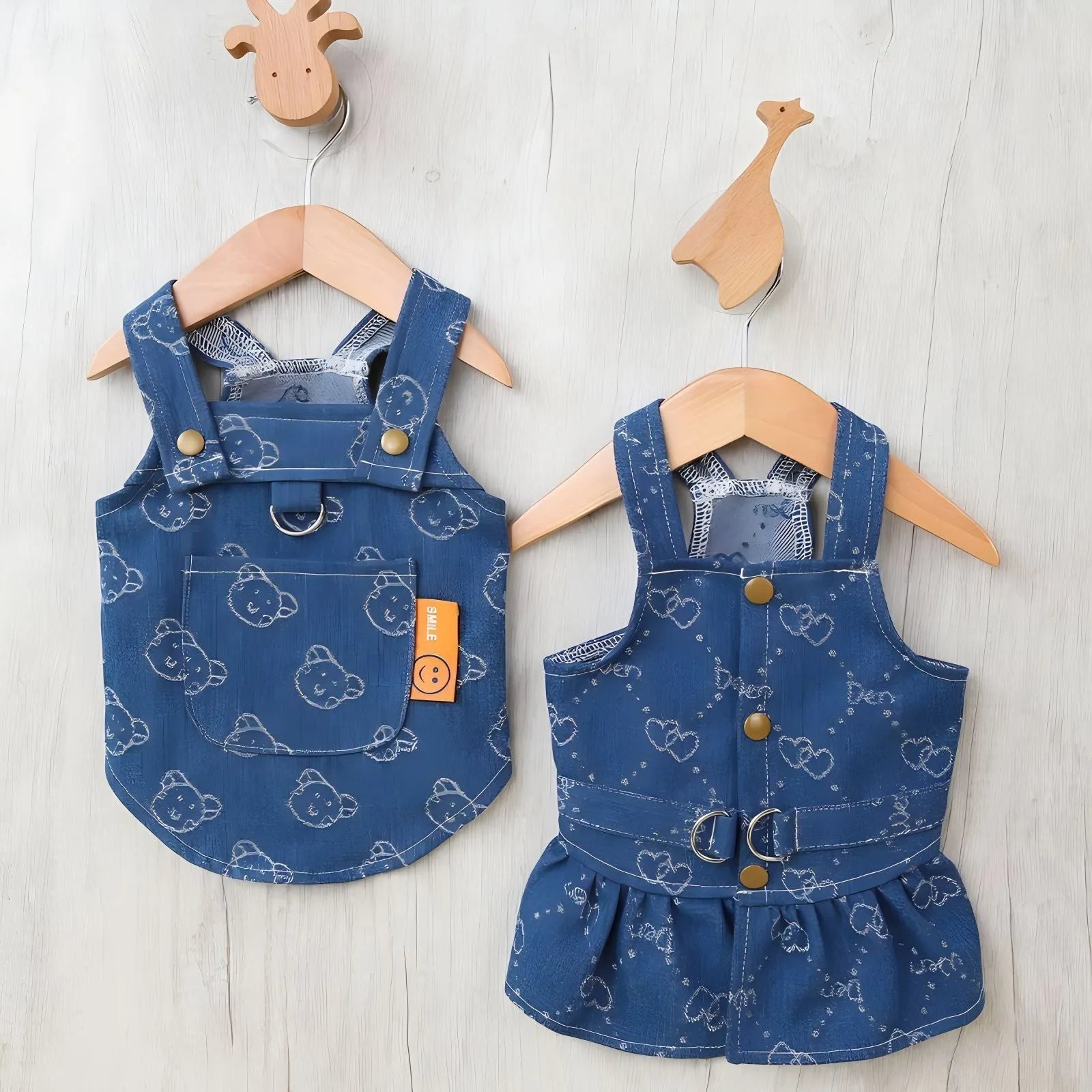 Small dog wearing denim princess dress with bracket skirt design for spring and autumn weather