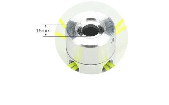 Silver aluminium lawn mower grass trimmer head with four light yellow nylon cutting lines and wrench