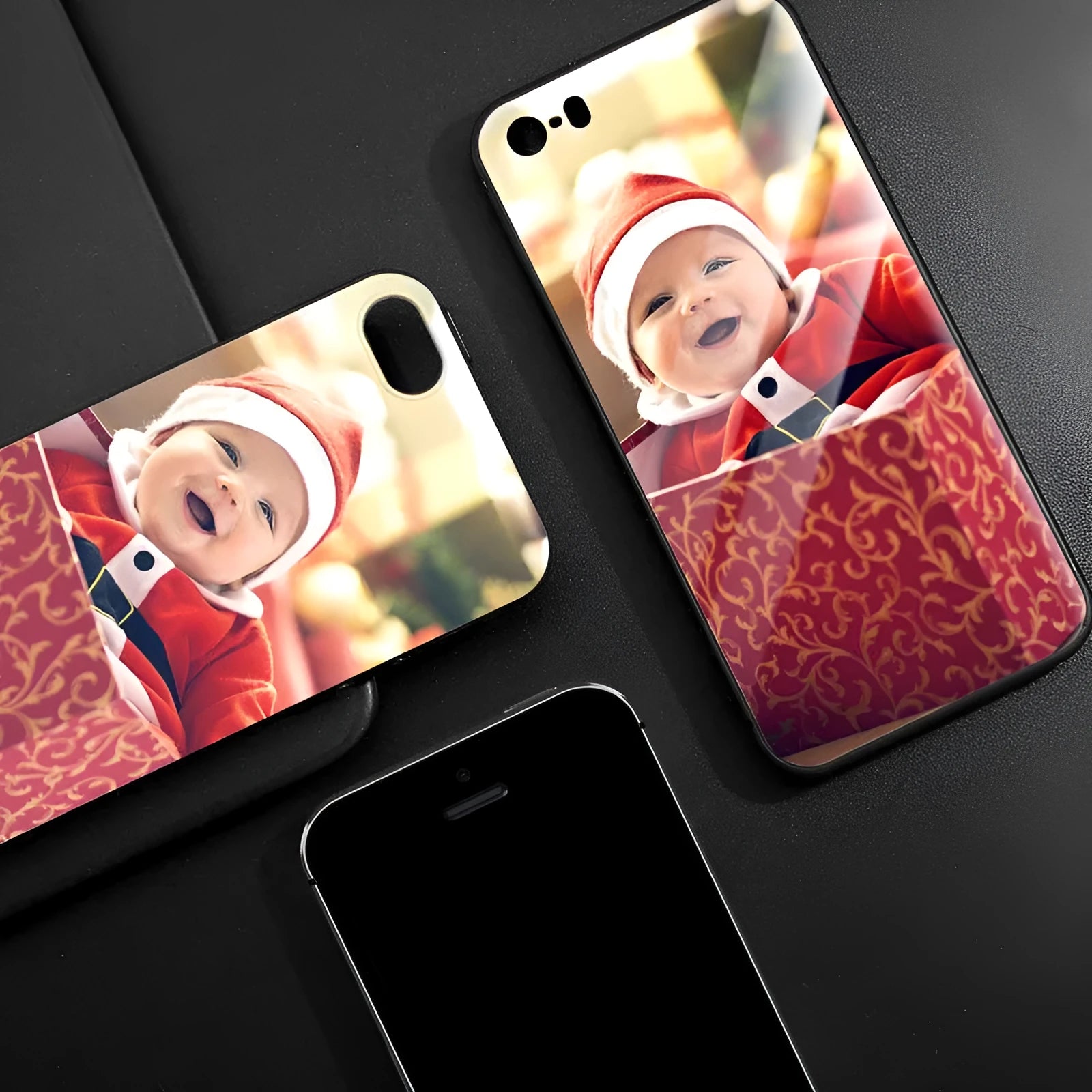 Slim hard back patterned case for iPhone with raised edge protecting camera and screen.