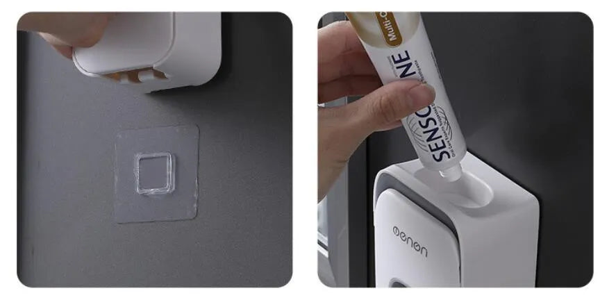 Automatic toothpaste dispenser unit mounted on a wall in a choice of blue, grey, or pink colours.