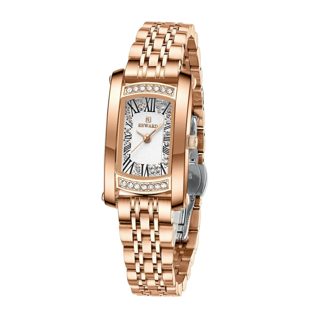 Women's square quartz wrist watch with white dial and gold metallic case