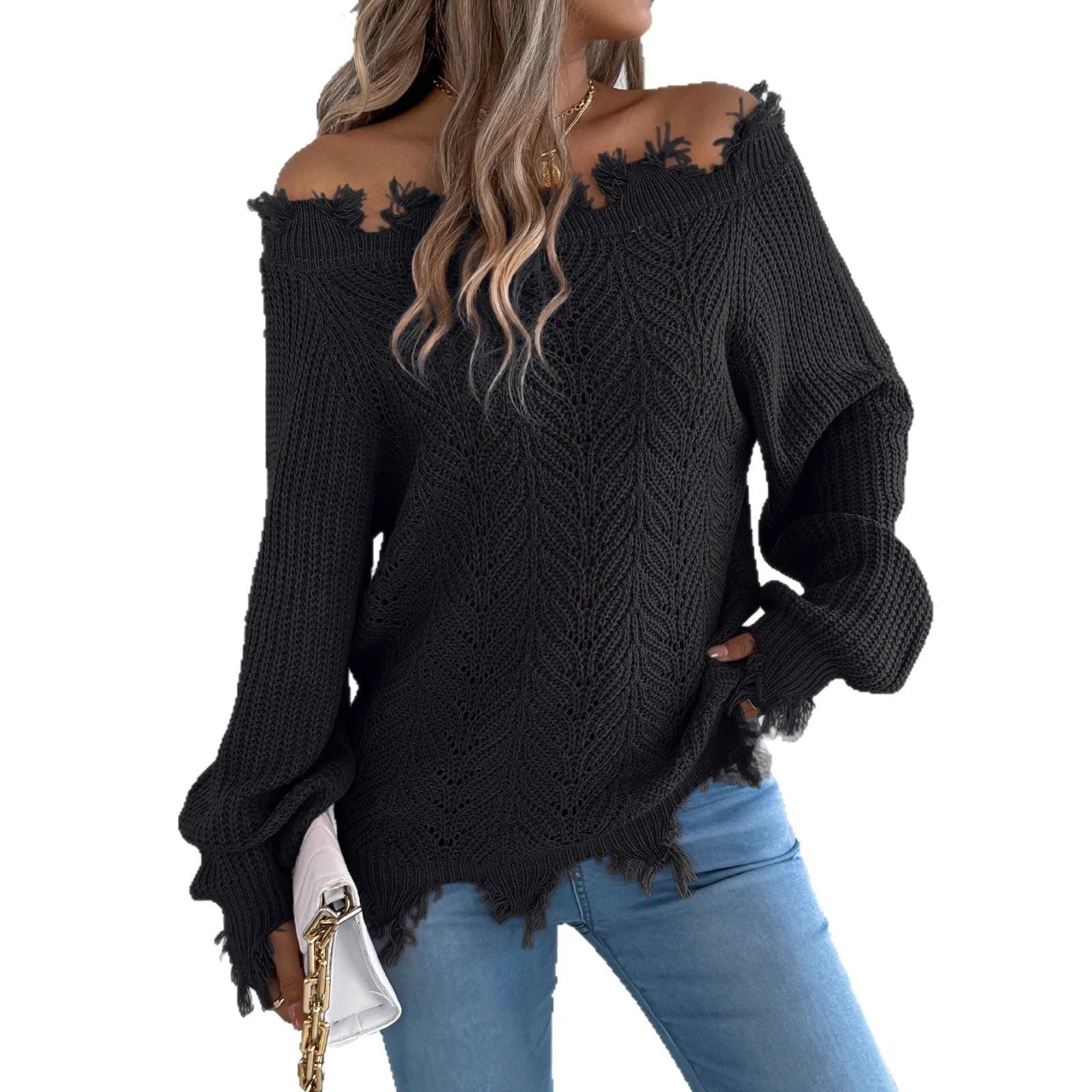 Hollow-out long-sleeved pullover sweater with off-the-shoulder neckline in black colour
