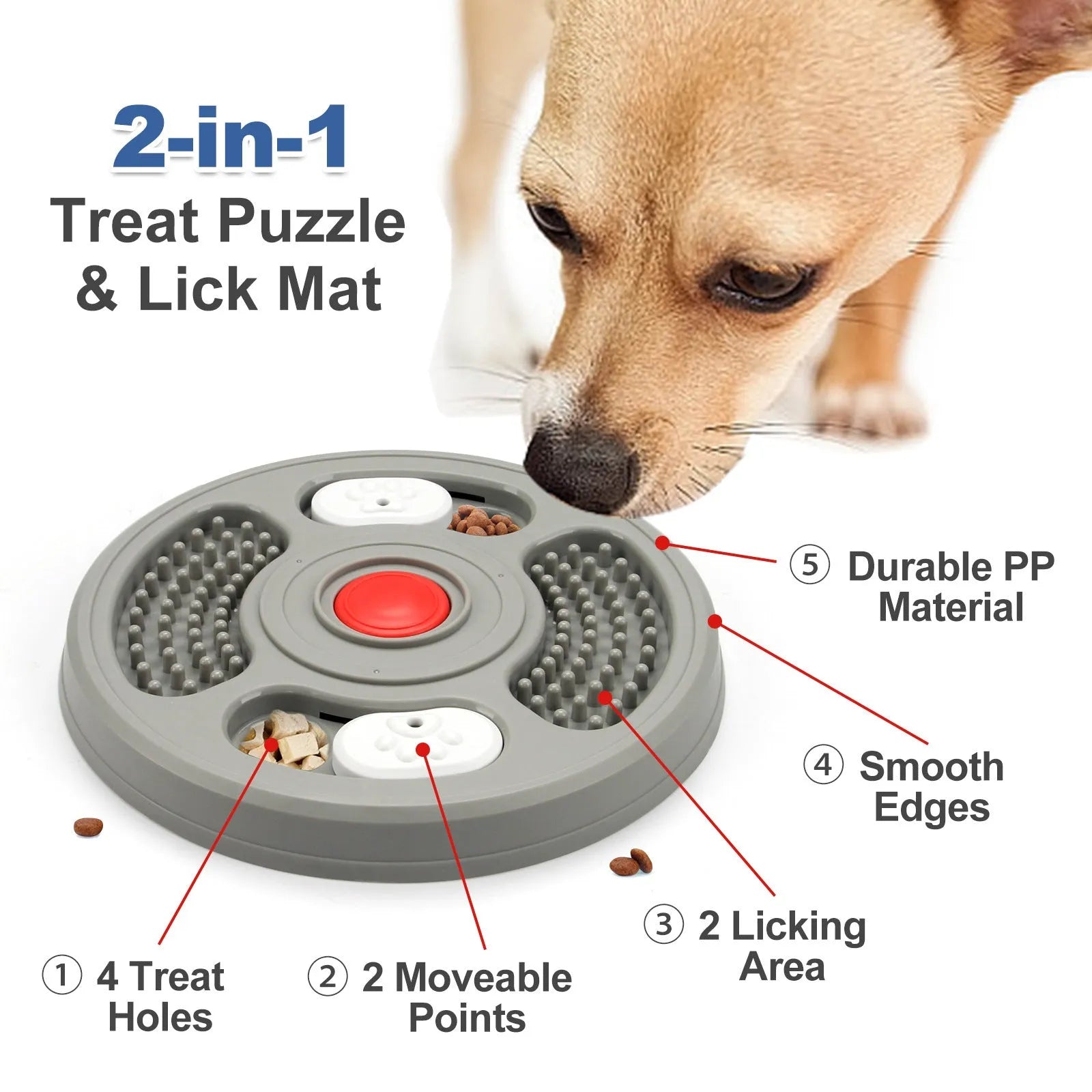Grey and blue PP plastic dog slow feeder bowl with grooves and anti-slip pads on a white background