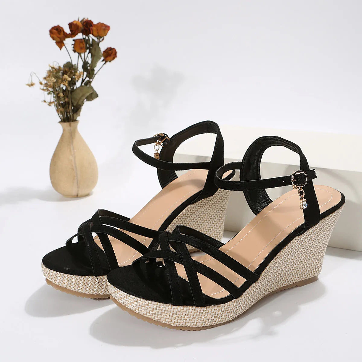Women's wedge sandals with fish mouth toe design in black and white colour options