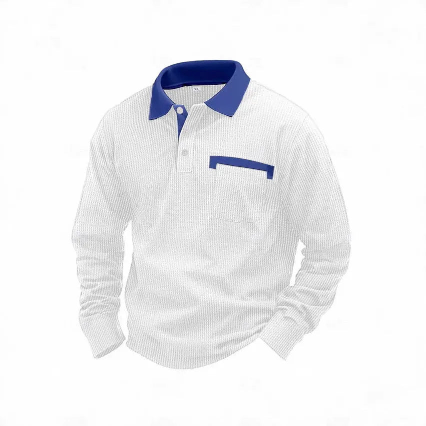 Men's long-sleeved waffle knit polo shirt in a solid colour with a loose, retro fit.