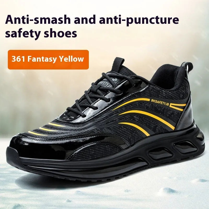 Lightweight leather labour protection safety shoes with rubber soles in orange, grey, green and yellow colours