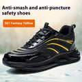Lightweight leather labour protection safety shoes with rubber soles in orange, grey, green and yellow colours