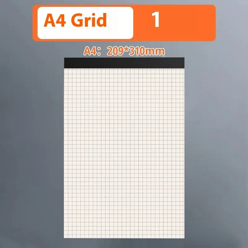 A5 and B5 tearable writing pads showing blank, grid, and horizontal line page styles.