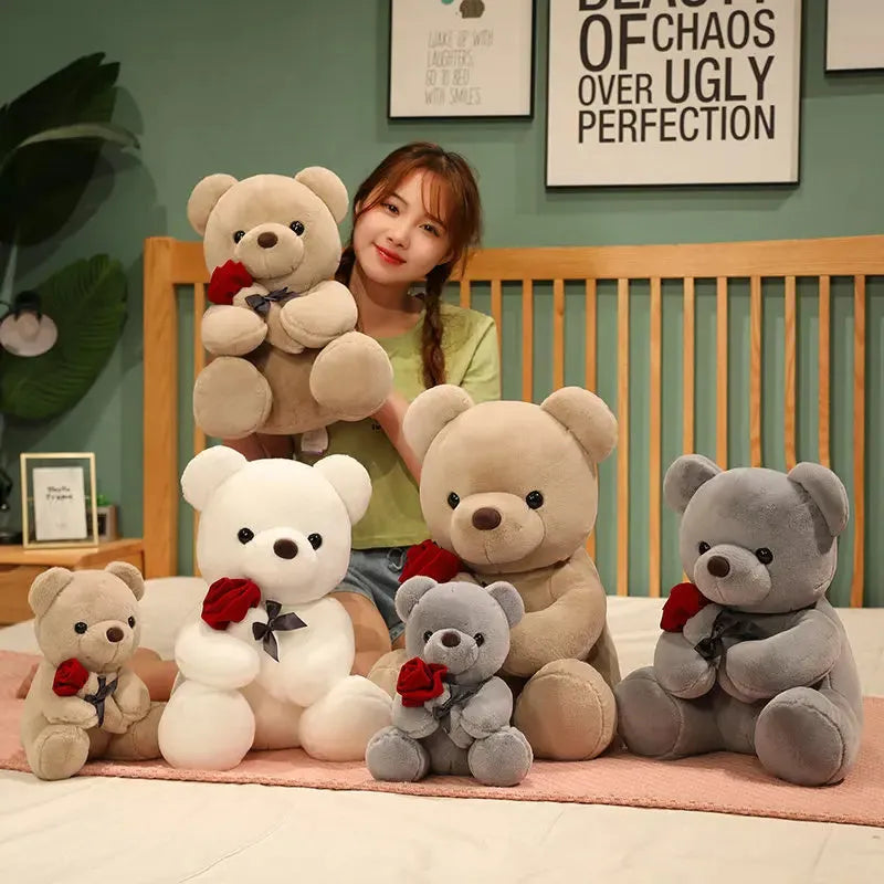 Lovely hug roses teddy bear plush pillow stuffed animal doll in brown, beige or grey colours