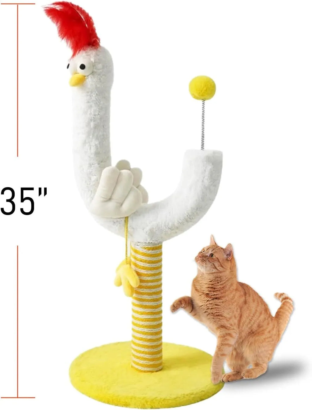 Yellow vertical cat scratching post 88cm tall with sisal rope wrapping and spring ball toy for indoor cats