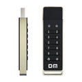 Metal USB flash drive with fingerprint scanner showing 64GB capacity and USB 3.0 connection