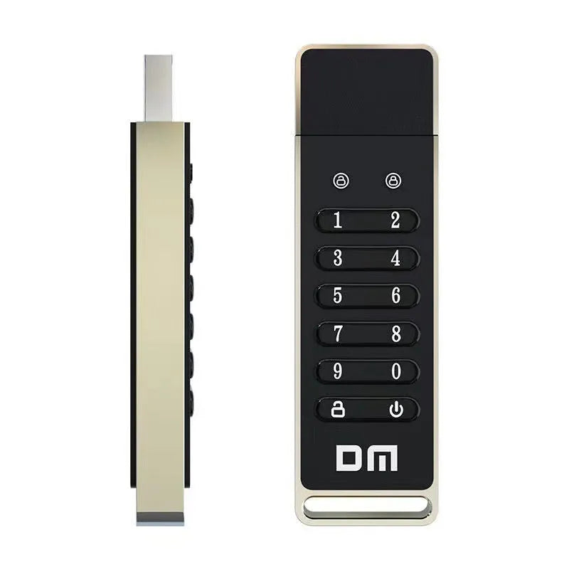 Metal USB flash drive with fingerprint scanner showing 64GB capacity and USB 3.0 connection