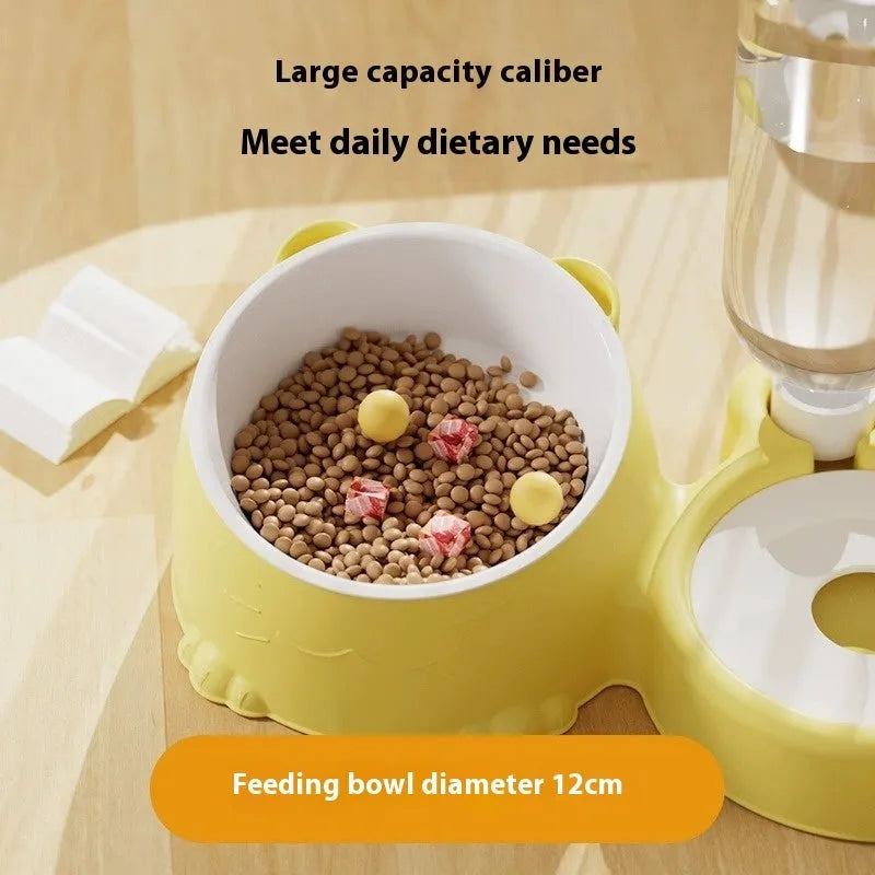 Double bowl automatic pet drinking basin with stainless steel ceramic base and removable plastic bowls