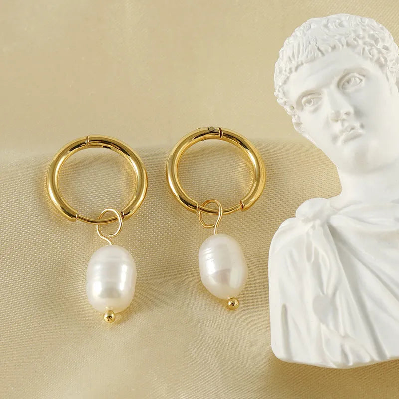 Gold geometric stainless steel earrings with pearl decorative element for women