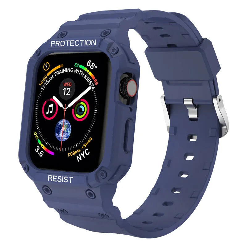 Soft TPU Apple Watch sport strap in multiple colours on a white background, showing 38mm and 42mm size options.