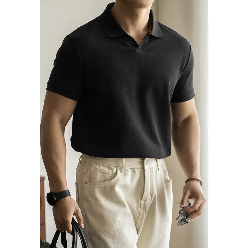American-style short-sleeved polo shirt in blue black and white cotton blend fabric