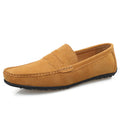 Men's solid colour suede loafers with round toe and slip-on design on rubber sole