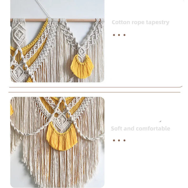 Creamy white woven cotton tapestry wall hanging with rectangular 120x95cm dimensions and hand-made weaving texture