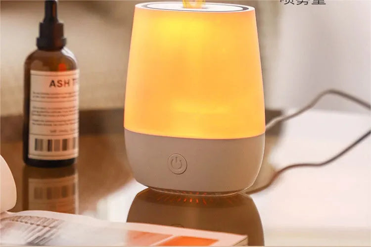 White USB aroma diffuser with simulated flame effect showing dimensions and Type-C connection