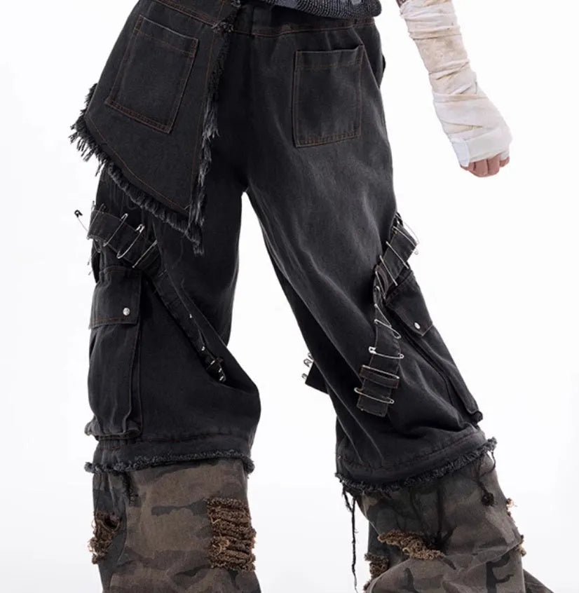 Men's grey camouflage splicing jeans with pin ribbon detailing on cotton denim fabric