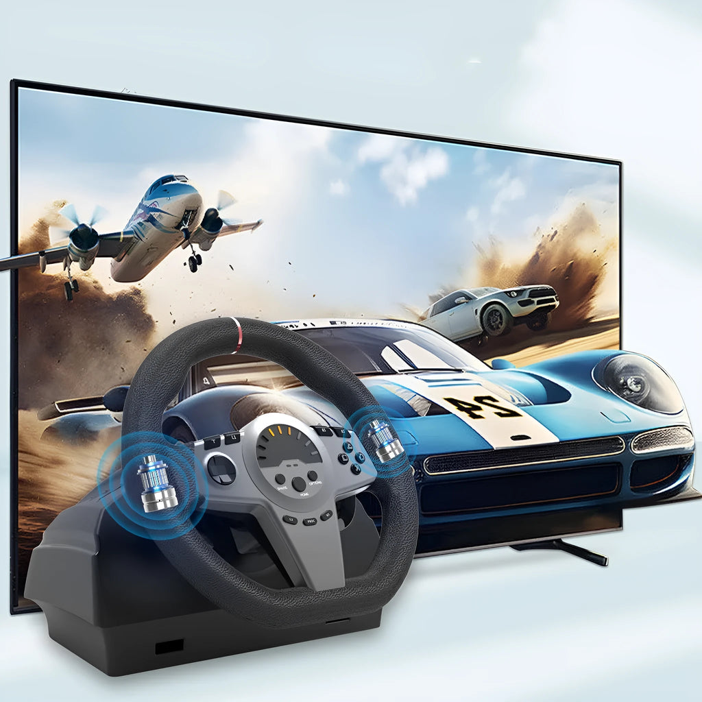 Black multi-platform gaming steering wheel with two pedals and mounting bracket for PC and consoles