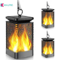 Set of four black solar-powered hanging garden lights with a flickering flame LED effect.