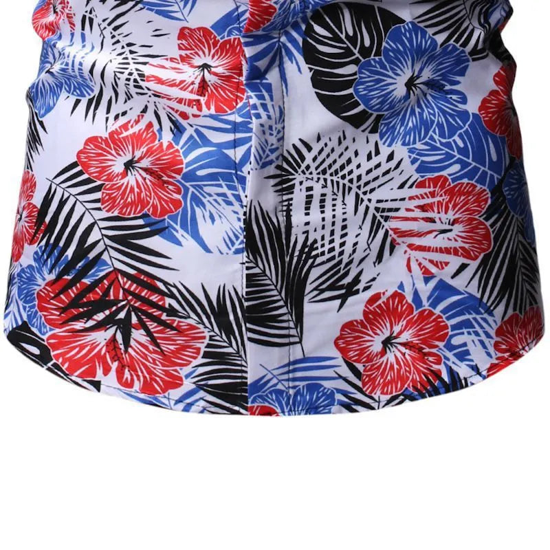 Men's summer floral shirt with square collar short sleeves in blue polyester on white background
