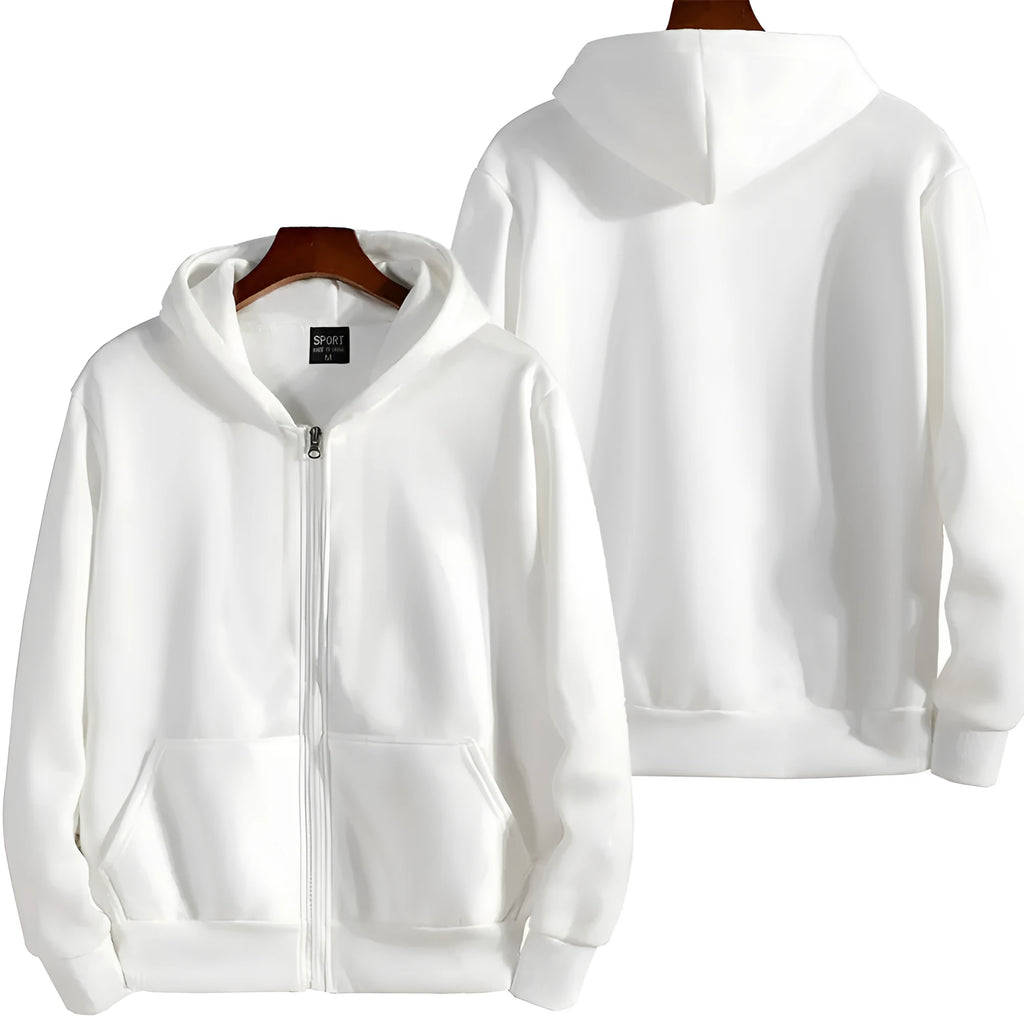 Men's solid colour loose sports zipper jacket in a cardigan style on a hanger.
