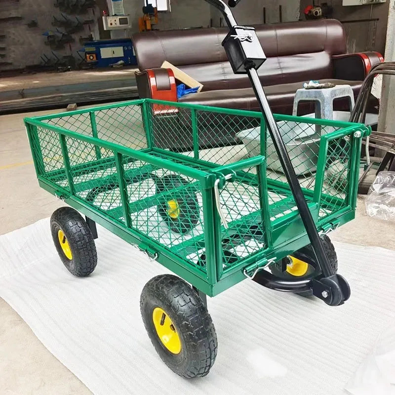 Four-Wheel Hand Push Net Cart Handling Express Transport Trolley Iron Construction 350kg Load 18kg Self-Weight Green Terrain Rubber Wheels 180° Steering Detachable Frame Multi-Use
