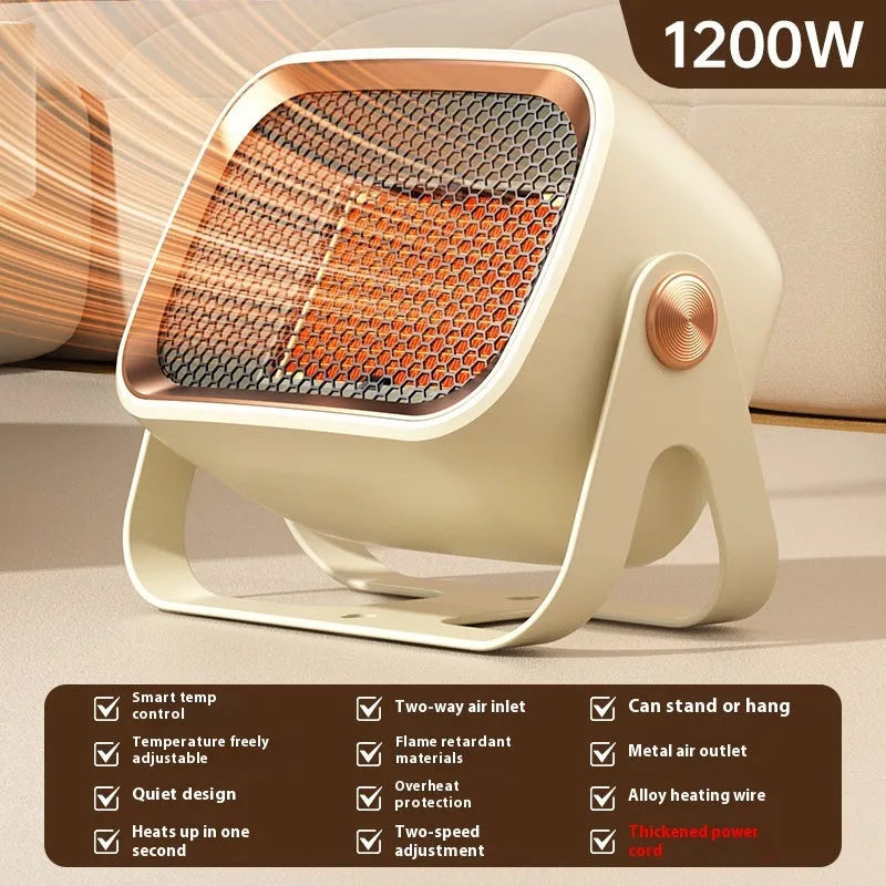 White ceramic desktop electric heater with rotatable base and push-button controls.