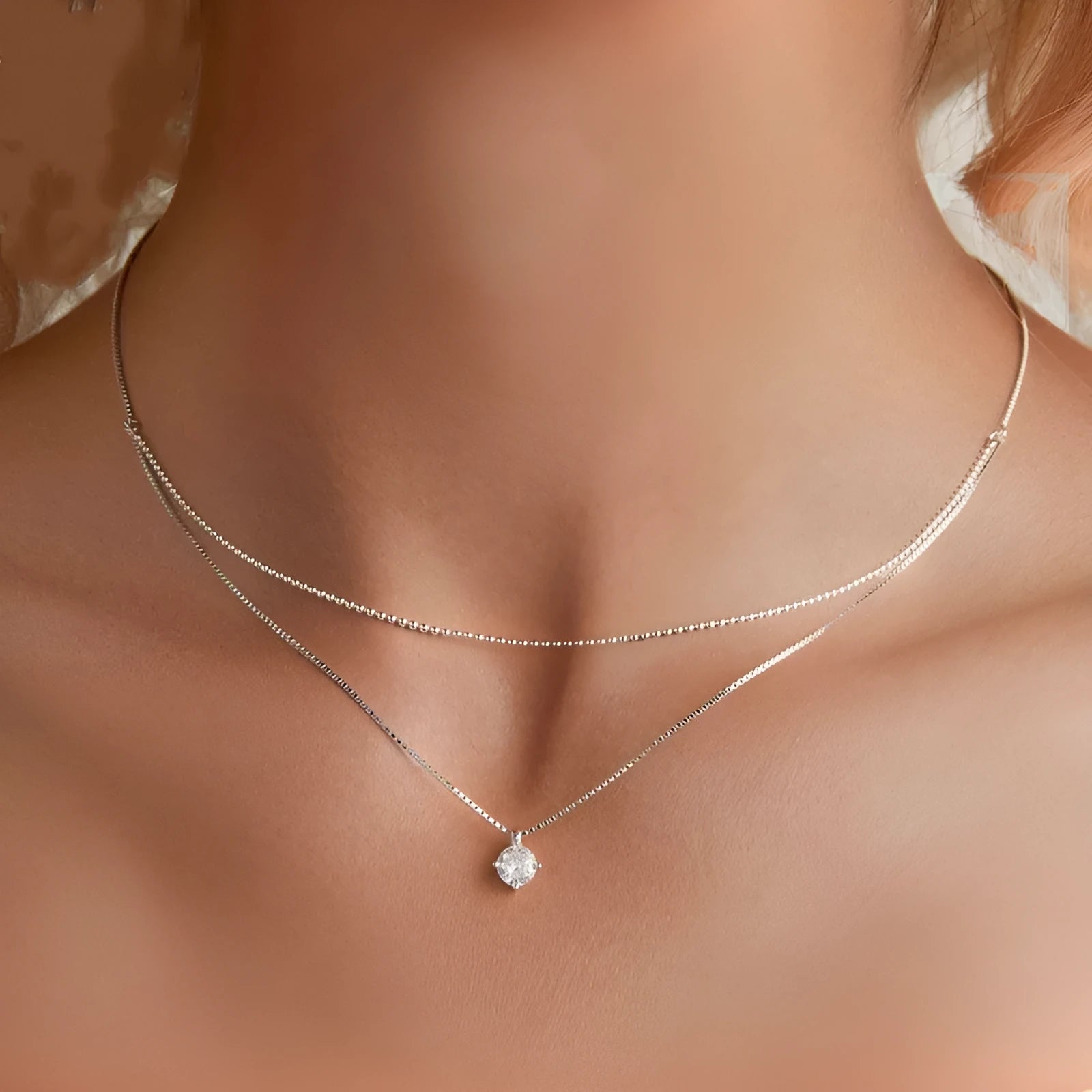Sterling silver necklace with double-layer pendant and pearl chain style