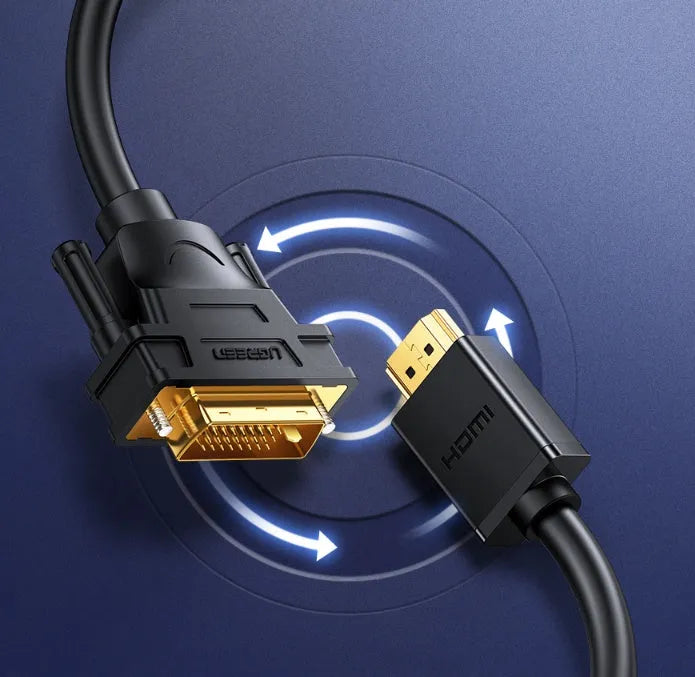 HDMI to HDMI adapter cable on a green background showing the connector with two-way rotation design.