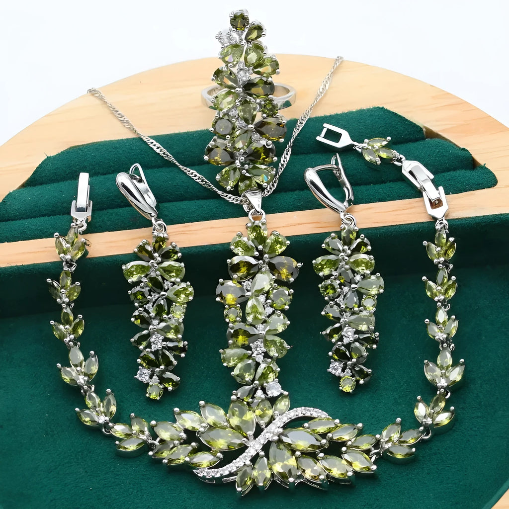 Retro plants and flowers pattern jewellery set with necklace, bracelet, earrings, and ring in olive purple colours