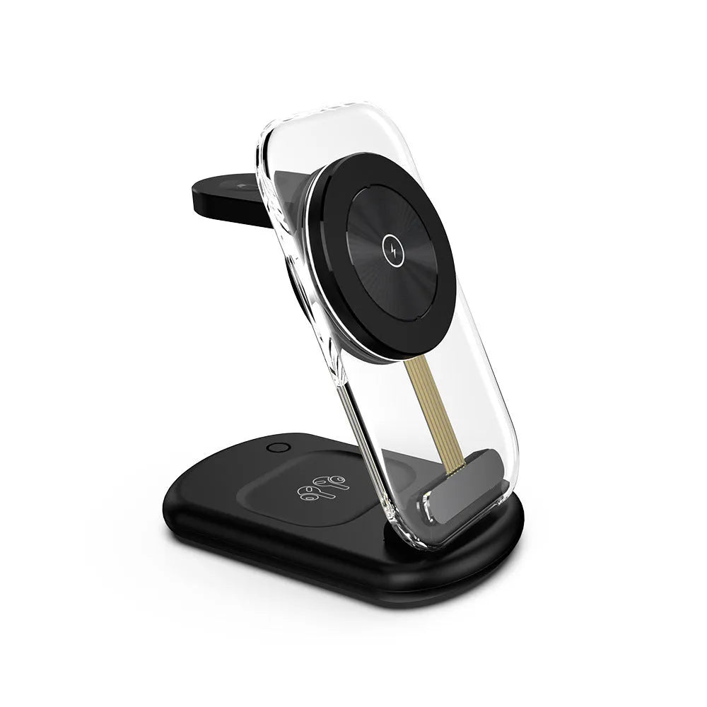 Transparent folding three-in-one magnetic wireless charger showing internal components