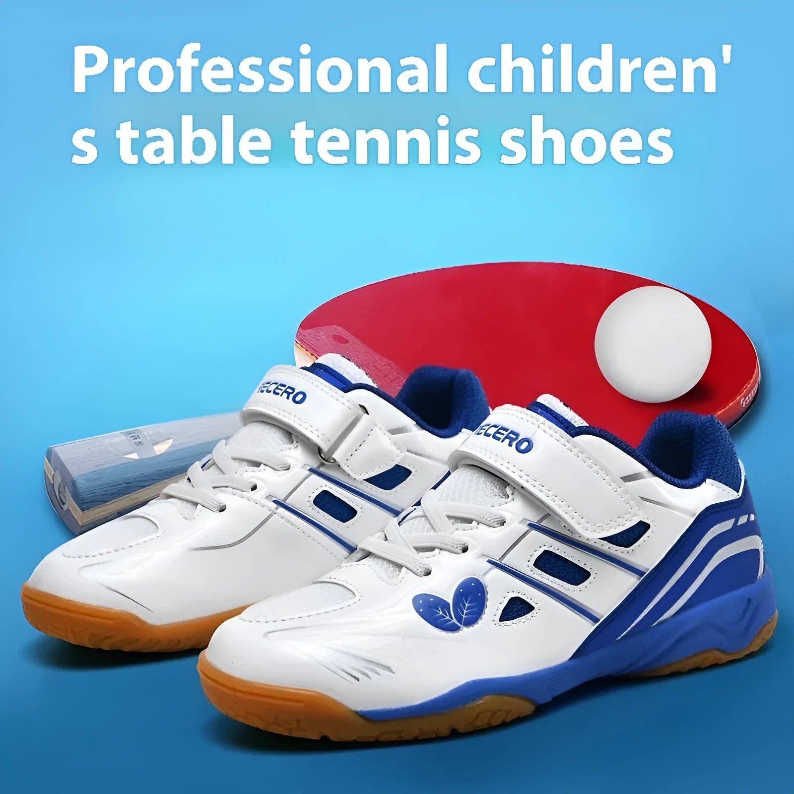 White and blue low-top breathable badminton shoes with ribbed sole on a court surface.