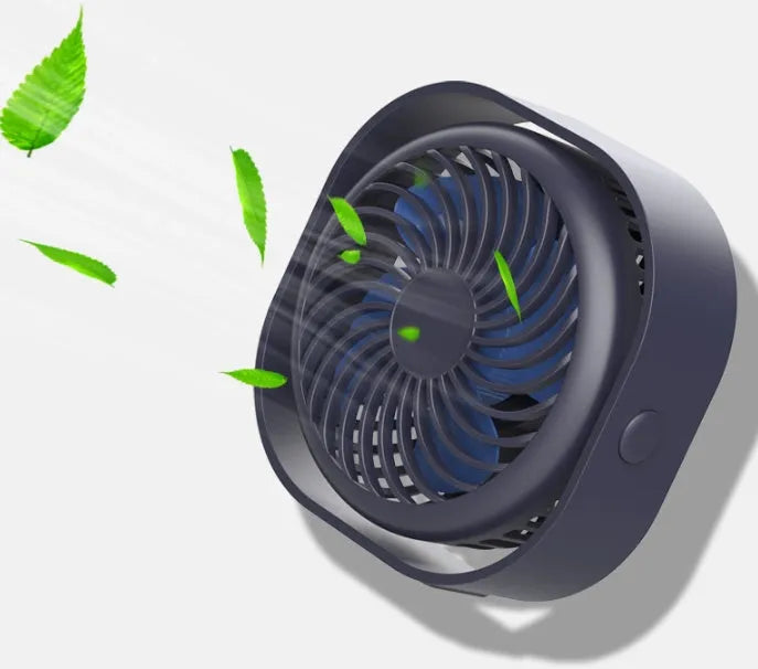 USB desk fan with alarm clock showing 360-degree rotation, in blue colour.