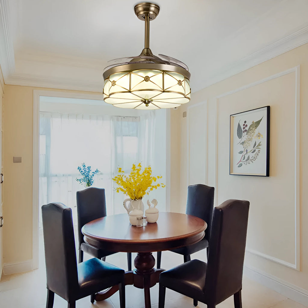 Gold 42 inch ceiling fan light with invisible blades and remote control on a white background
