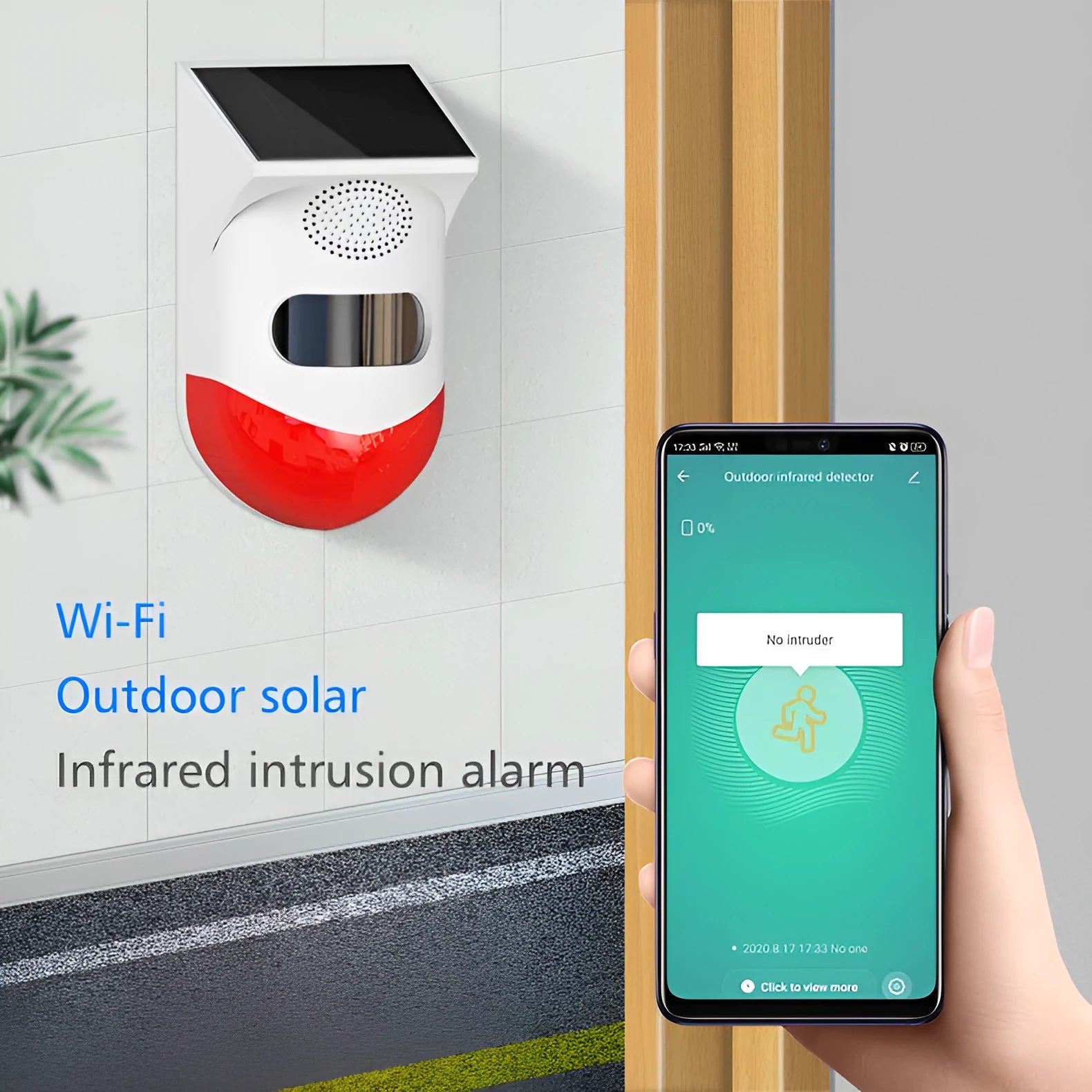 Solar-powered infrared security alarm with remote control for outdoor wireless property protection