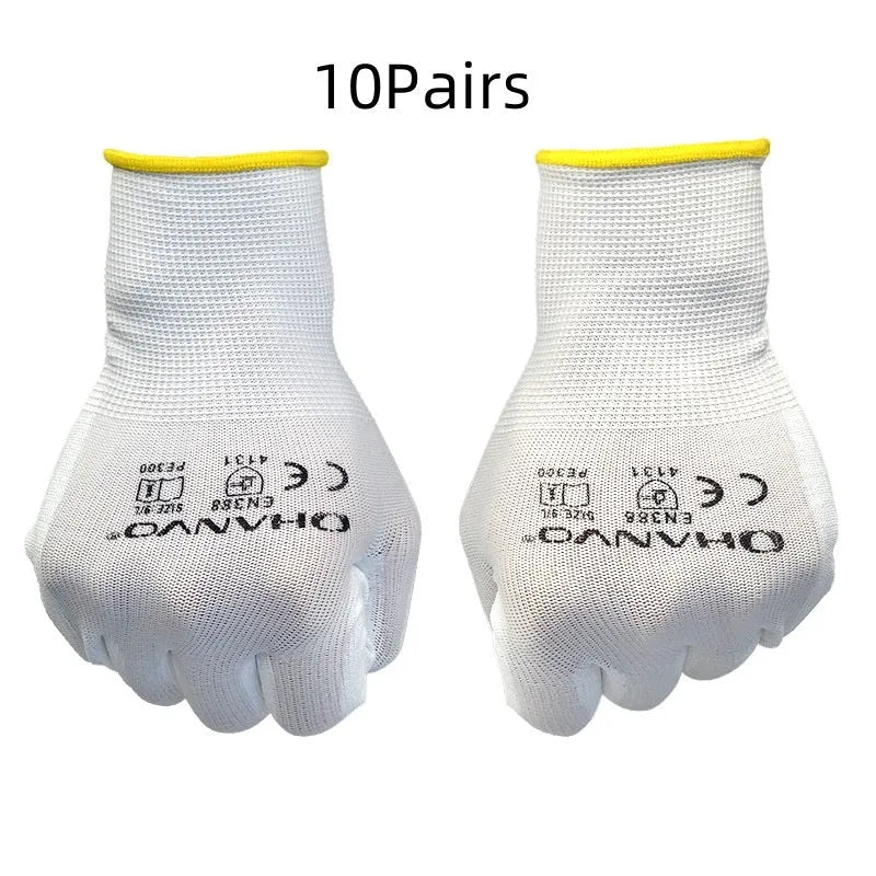 White PU coated labour gloves showing flexible design and 24 cm length.
