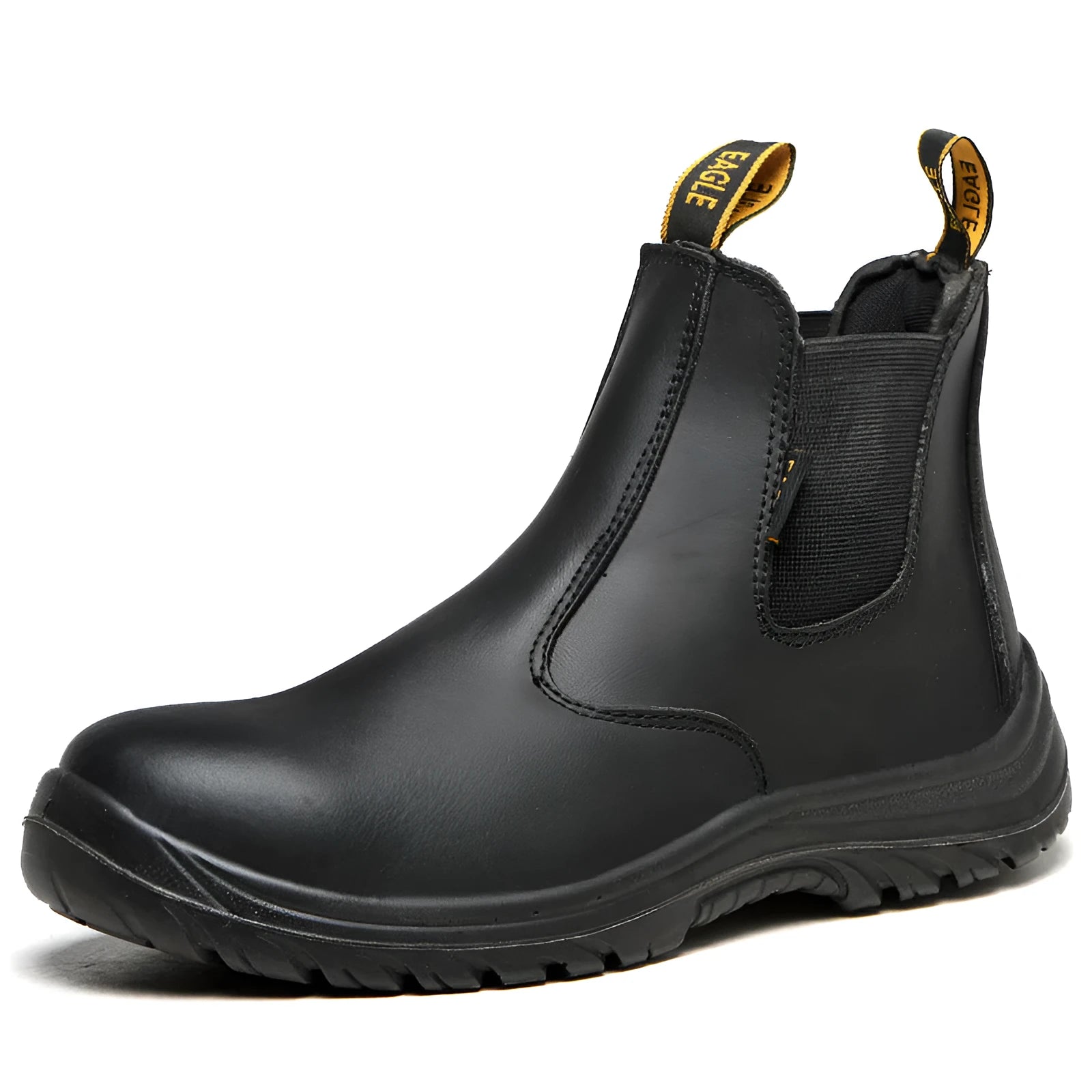 Black leather safety boots with high-top design and anti-piercing sole for industrial work