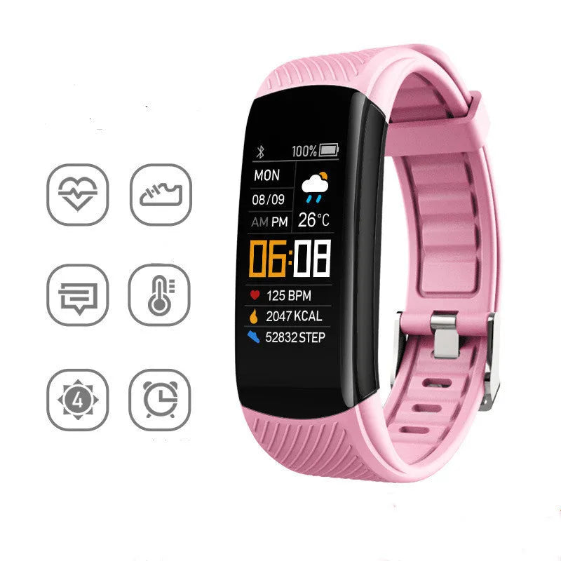 Black sports pedometer bracelet with 0.96-inch touch screen on wrist